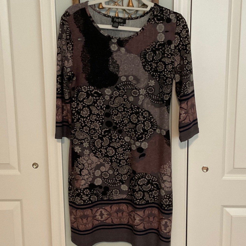 Papillon Black, Gray and Purple 3/4 Sleeve Sweater Dress